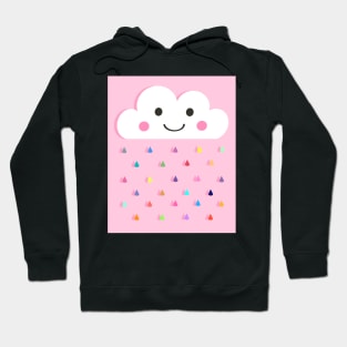 Rainbow Raindrops, Happy Rain Cloud, on Pink Hoodie